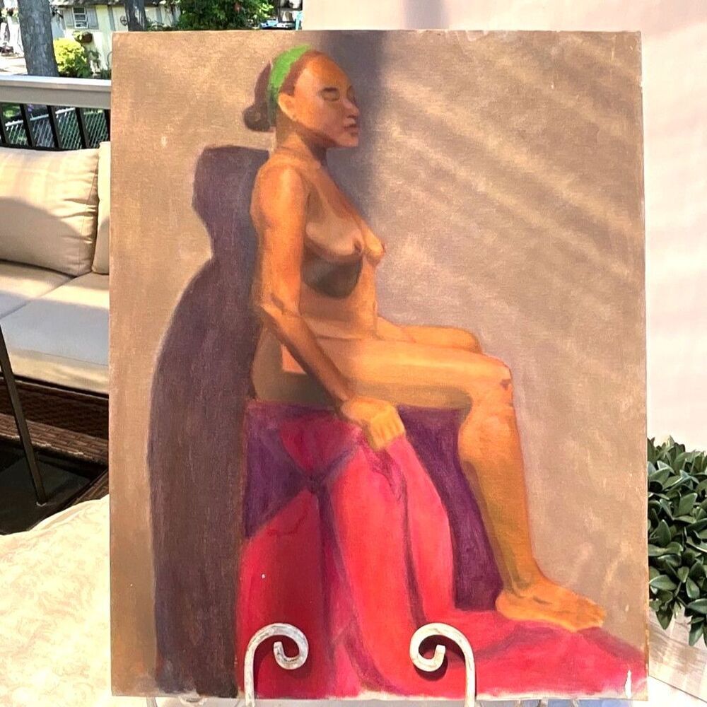 Seated Nude oil painting on board Vintage African American nude oil painting